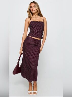 Princess Polly Burgundy Polka Dot Set Size 0 NWOT Ruched Crop Top & Midi Skirt